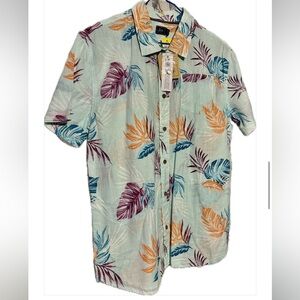 Cubavera Men's Leaf Print Casual Shirt - Orange, Purple, Blue on Light Green